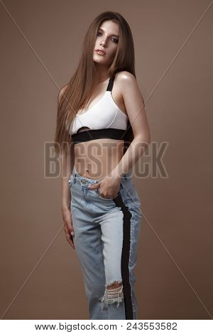 Sexy Fashion Model With Long Hair, Young European Attractive, Beautiful Eyes, Full Lips, Perfect Ski