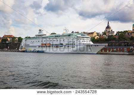 Stockholm, Sweden - August 11, 2014- White Ship At The Port Of Sodermalm Island.