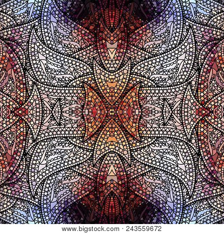 Low Poly Ornamental Texture Based On Decorative Elements Paisley. Seamless Pattern In Indian Style. 