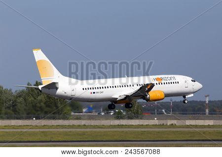 Borispol, Ukraine - May 26, 2018: 9h-zaz Air Horizont Boeing 737-400 Aircraft Landing On The Runway 