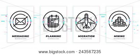 Messaging, Planning, Migration, Mining. Business Theme Glitched Black Icons Set. Scalable Vector Obj