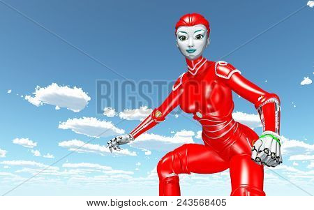 Computer Generated 3d Illustration With A Humanoid Robot Against A Blue Sky With Clouds