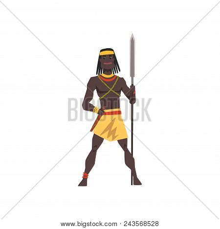 Black Native Man Of African Tribe Weraing Loincloth Standing With Spear, Tribal Member In Traditiona
