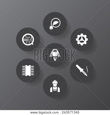 Set Of 7 Industry Icons Set. Collection Of Soldering Iron, Electronic, High Tech And Other Elements.