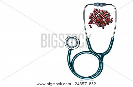 Green Stethoscope With Pile Of Red-grey Capsule Pills Isolated On White Background With Copy Space. 