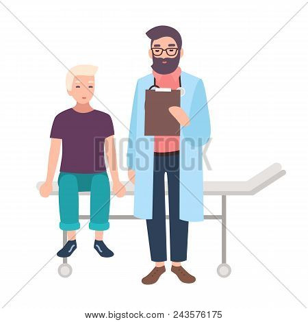 Doctor Or Medical Adviser And His Little Patient Sitting On Hospital Bed Isolated On White Backgroun