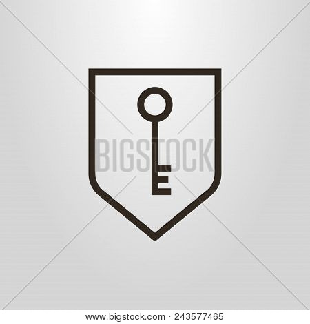 Black And White Simple Vector Line Art Pictogram Of One Key In A Shield Frame