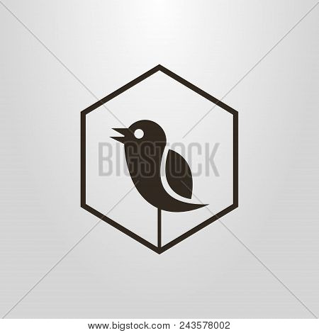 Black And White Simple Vector Pictogram Of An Abstract Singing Bird In A Hexagon Frame
