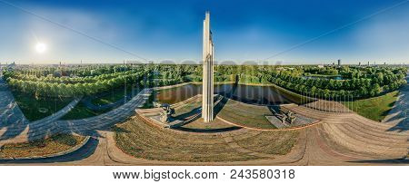 Riga City Drone Photo From Above Red Monument To Liberators , Vr Camera Sphere Planet, Virtual Reali