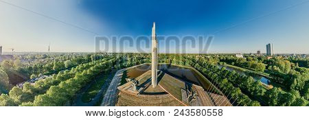 Riga City Drone Photo From Above Red Monument To Liberators , Vr Camera Sphere Planet, Virtual Reali