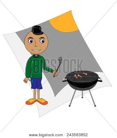 Hot Dog Cartoon Grilling On A Sunny Summer Day