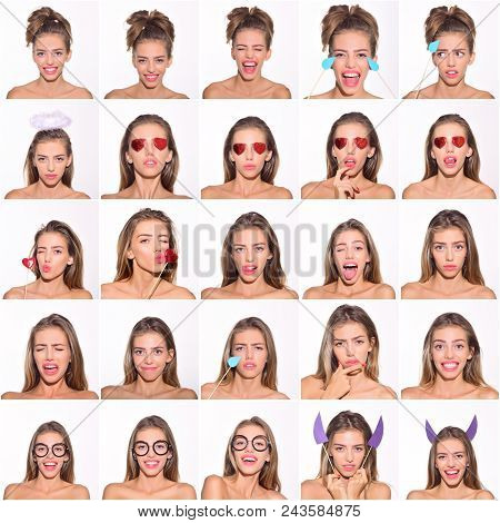 Collage Of Emotions. Different Emotions. Emotion Set Of Pretty Girl. Feeling And Emotions. Emoji Set