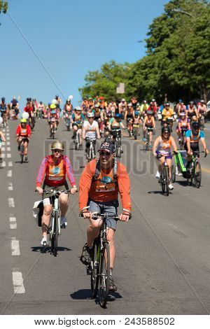 MONTREAL,CANADA- JUNE 3, 2018:  The Tour de l ile is a Sunday biking classic, where thousands of cyclists fill the streets of Montreal in Canada.  