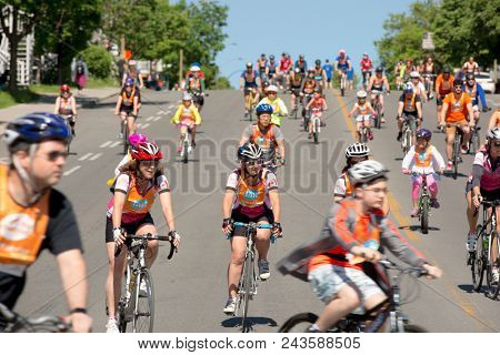 MONTREAL,CANADA- JUNE 3, 2018:  The Tour de l ile is a Sunday biking classic, where thousands of cyclists fill the streets of Montreal in Canada.  