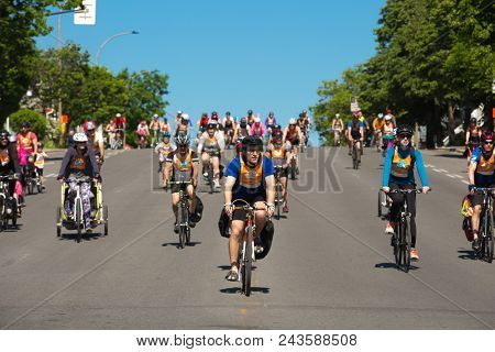 MONTREAL,CANADA- JUNE 3, 2018:  The Tour de l ile is a Sunday biking classic, where thousands of cyclists fill the streets of Montreal in Canada.  