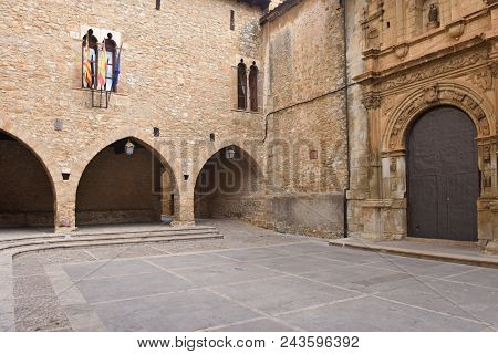 Square Of La Iglesia And Church, La Iglesuela Del Cid, Mestrazgo, Teruel Province, Aragon, Spain