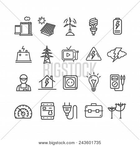 Electricity Signs Black Thin Line Icon Set Include Of Lightning, Engineer, Sun, Wind And Lamp. Vecto