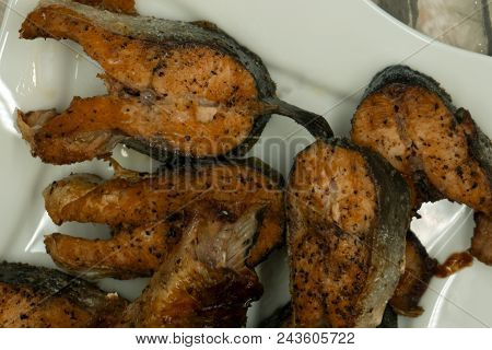 Red Fish Pink Salmon Roasted At Home On The Baking Sheet In The Oven