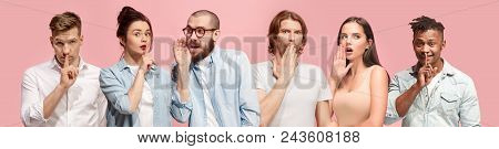 Secret, Gossip Concept. Young Men And Women Whispering A Secret Behind Hands. Business People Isolat