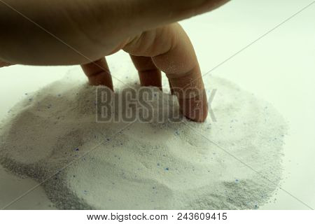 Pink Cup Or Scoop Of White Powder. Detergent For Clothes Washing. Dry Cleaning Concept. Chores Of Ho