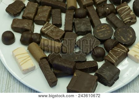 Assorted Chocolate Sweets With Dark, Milk And White Chocolate, Selective Focus