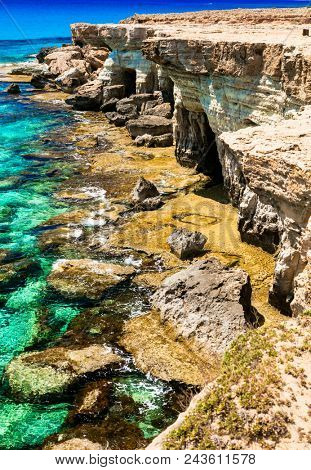 Natural landmarks of Cyprus island- rocks formations and caves in national park Cape Greko