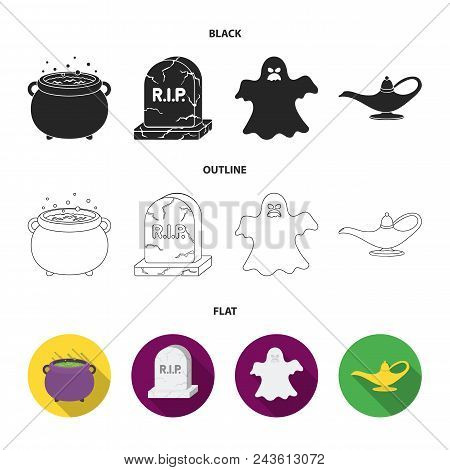 A Witch Cauldron, A Tombstone, A Ghost, A Gin Lamp.black And White Magic Set Collection Icons In Bla