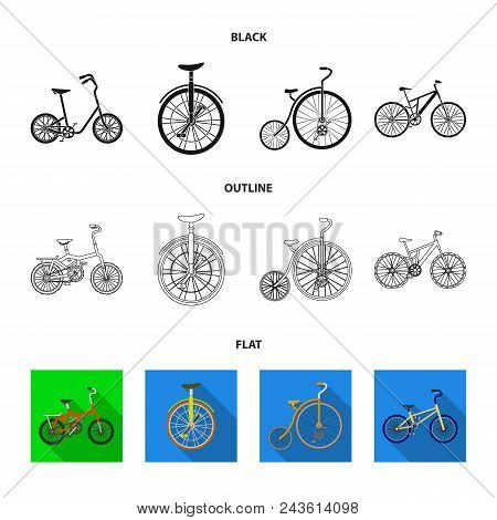 Retro, Unicycle And Other Kinds.different Bicycles Set Collection Icons In Black, Flat, Outline Styl