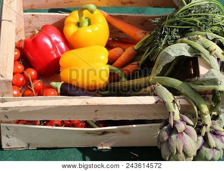 Vegetable Box With Peppers And Artichokes And Ohter Organic Vegetables  Just Harvested From The Gard