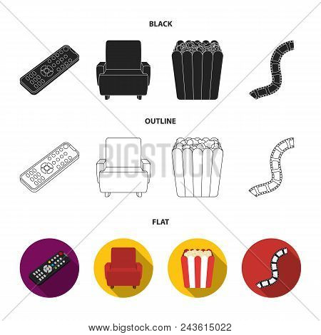 Control Panel, An Armchair For Viewing, Popcorn.films And Movies Set Collection Icons In Black, Flat