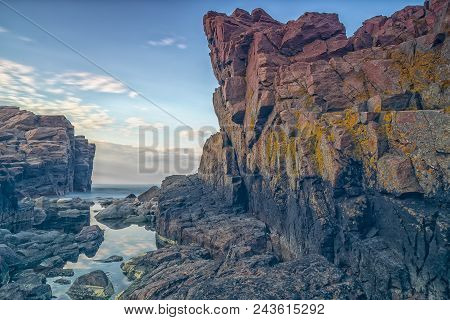 Rocky Beach Landscape At Dusk. Hovs Hallar, Sweden.