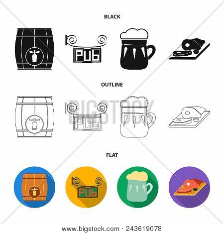 A Wooden Barrel With A Faucet, A Pub Sign, A Mug Of Beer, Pieces Of Meat On A Board.pub Set Collecti