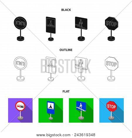 Different Types Of Road Signs Black, Flat, Outline Icons In Set Collection For Design. Warning And P
