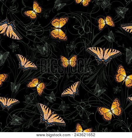 Illustration Of Seamless Pattern With Swallowtail, Silverspot Butterflies And Floral Ornament