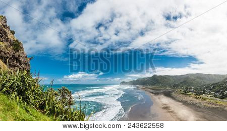 Beautiful Piha beach near Auckland seen from the mighty Lion Rock, New Zealand