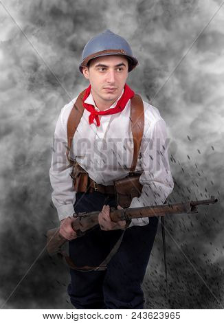 A Retro French Patriot With Rifle And Helmet