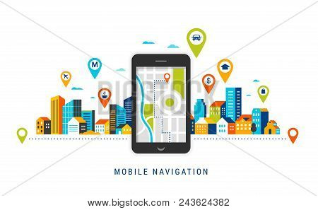 Mobile Navigation App Concept. Route Map With Symbols Showing Location With A Urban, City Landsape O