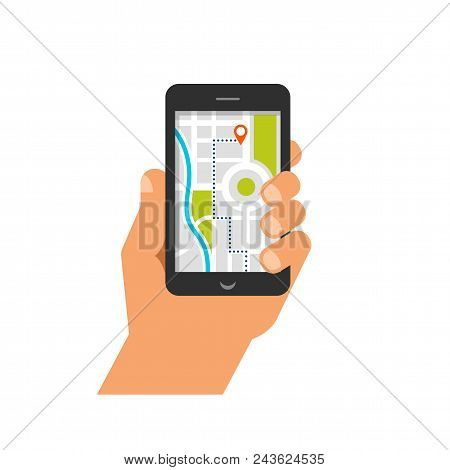 Mobile Navigation App Concept. Route Map With Symbols Showing Location With A Urban, City Landsape O