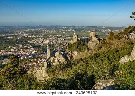 Long Shot Of Castle Of Moors With Sintra In The Background, Portugal