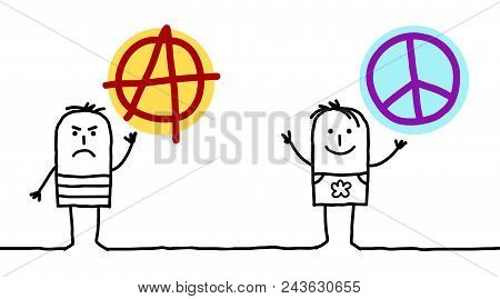 Vectorcartoon Men With Anarchy And Peace Love Signs