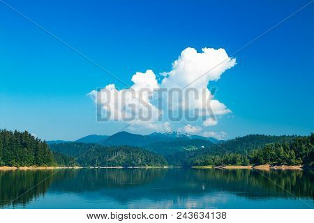 Beautiful Mountain Landscape In Croatia, Lokvarsko Lake With Risnjak Mountain In Background, Reflect