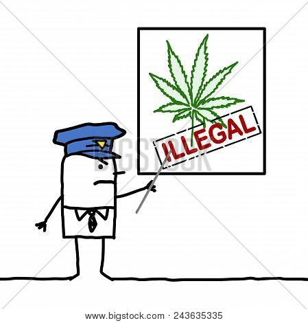 Vector Cartoon Policeman Showing A Cannabis Leaf