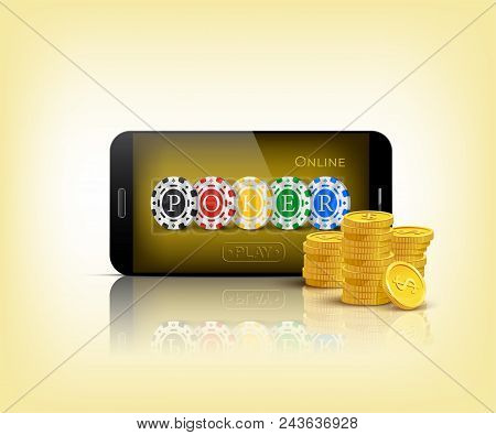 Vector Casino Chips With Poker Word And Coin Bunch. Online Poker Sign Template