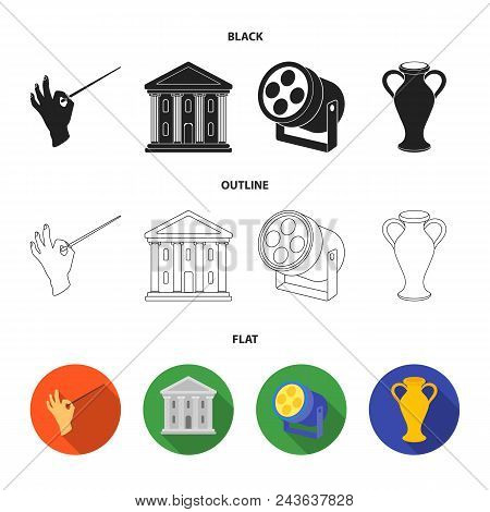 Conductor Baton, Theater Building, Searchlight, Amphora.theatre Set Collection Icons In Black, Flat,