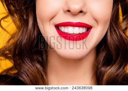 Close Up Half Face Portrait Of Toothy Woman With Beaming  Smile Red Lips White Straight Healthy Teet
