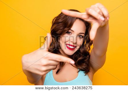 Portrait Of Pretty Creative Girl With Beaming Smile Red Pomade Lipstick Making Frame With Thumbs And