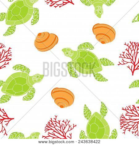 Pattern With Fun Shells, Corals And Shells On White, Cute Background With Sea Turtles, Wallpaper Wit