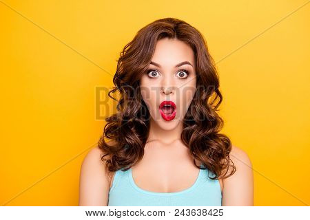 Wtf! Omg! Portrait Of Shocked Astonished Girl With Modern Hairdo Having Wide Open Mouth Eyes Looking