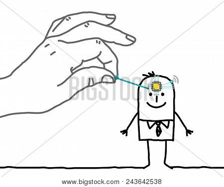 Big Hand Putting A Microchip In A Cartoon Man's Head