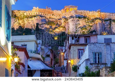 Historic District Plaka Acropolis Hill And Parthenon At Dawn. Athens. Greece.